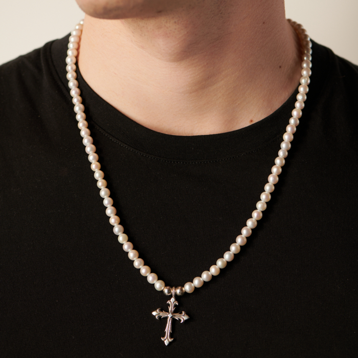 mens pearl necklace with cross