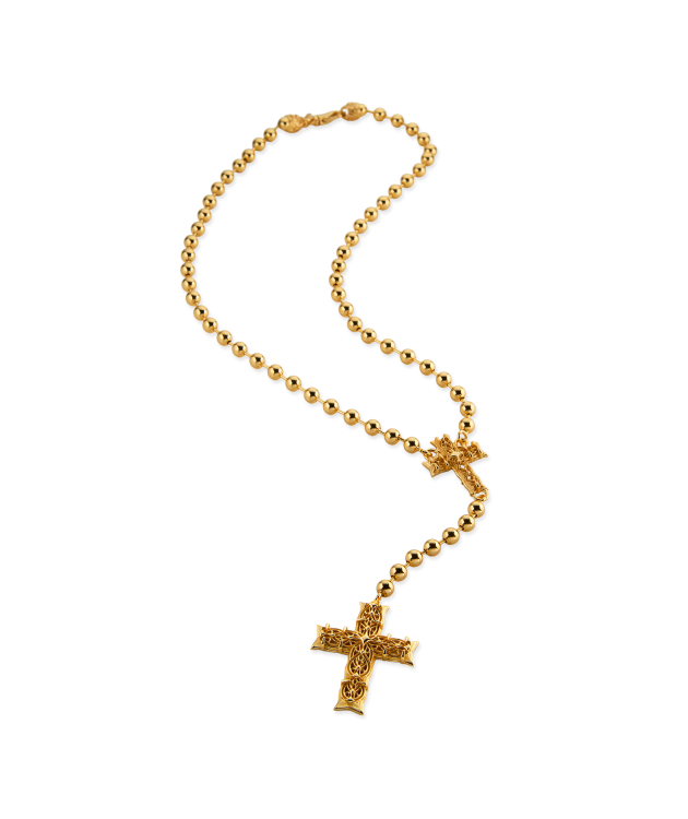 LARGE GOLD BEADED ROSARY NECKLACE WITH NOTRE-DAME CROSS