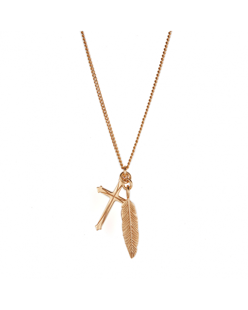 Gold Feather And Cross Necklace