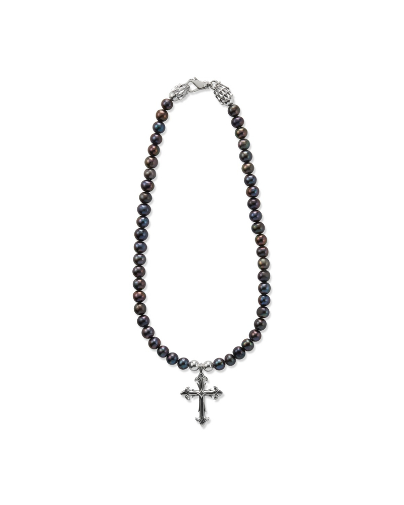 BLACK PEARL NECKLACE WITH CROSS