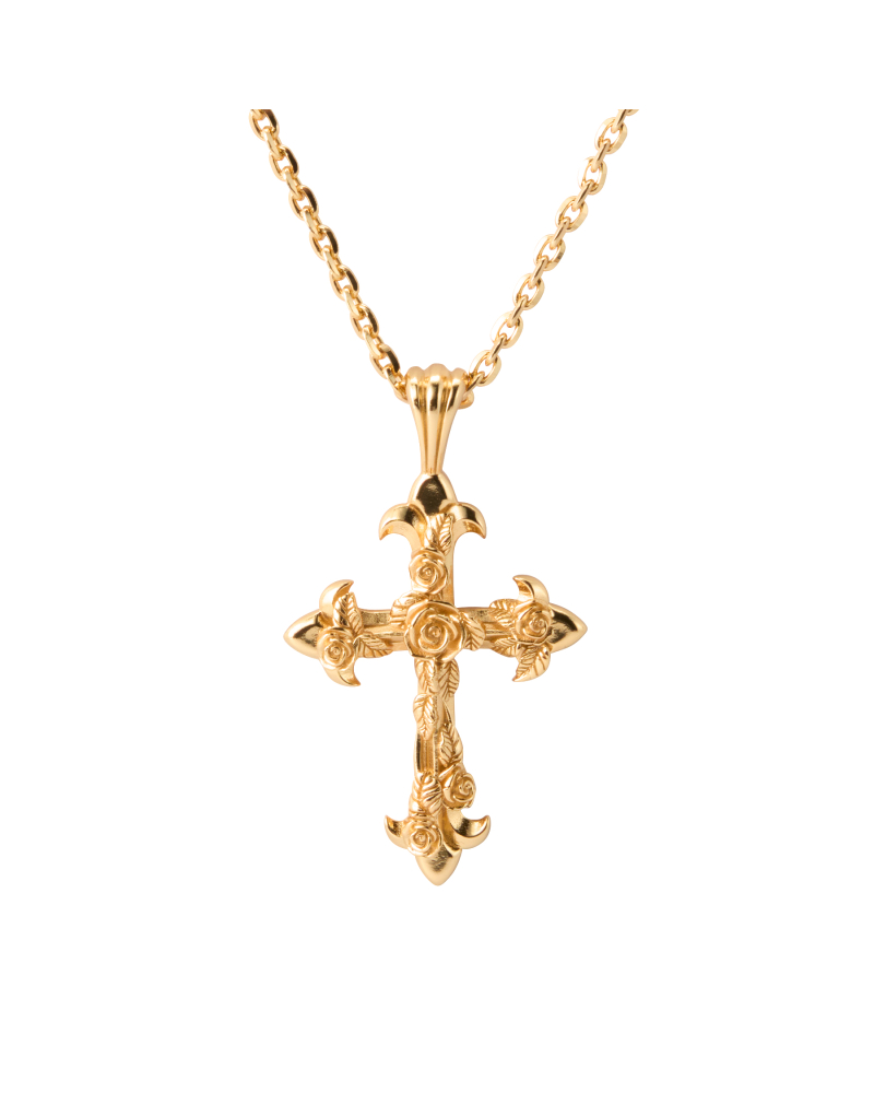 LARGE GOLD ROSE CROSS NECKLACE